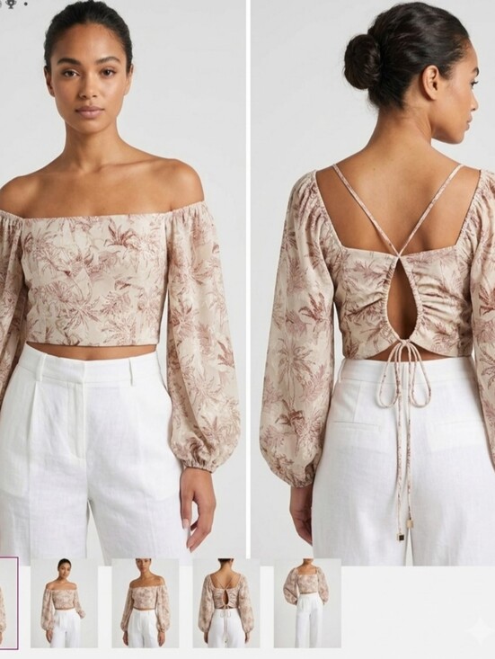 Miss Lola Tops - Miss Lola Floral V-Neck Cropped Peasant Top - Cream/Pink